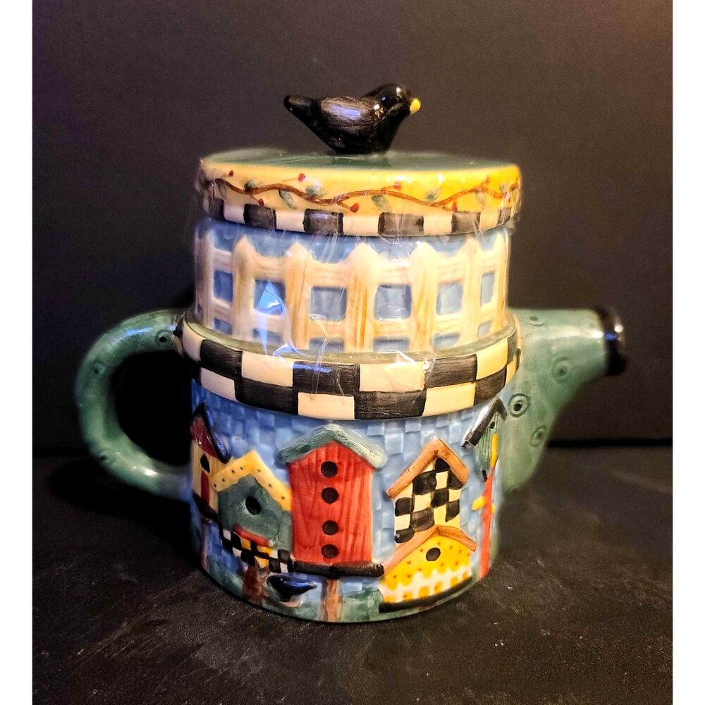 Debbie Mumm Sakura Hand Painted Ceramic Blue Birdhouse‎ Teapot 6” Tall